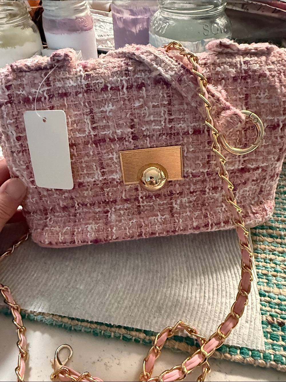 Pink Tweed Crossbody Bag with Gold Chain Strap